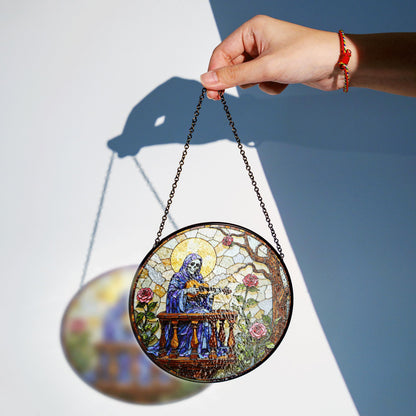 stained glass suncatcher skeleton playing guitar with roses gothic halloween gift