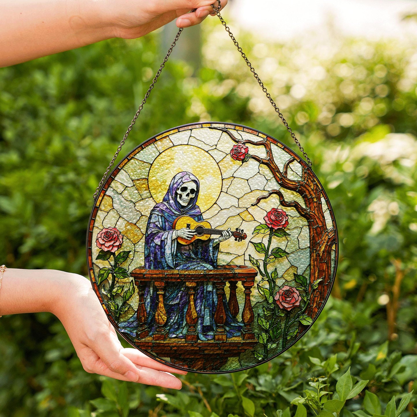 stained glass suncatcher skeleton playing guitar with roses gothic halloween gift