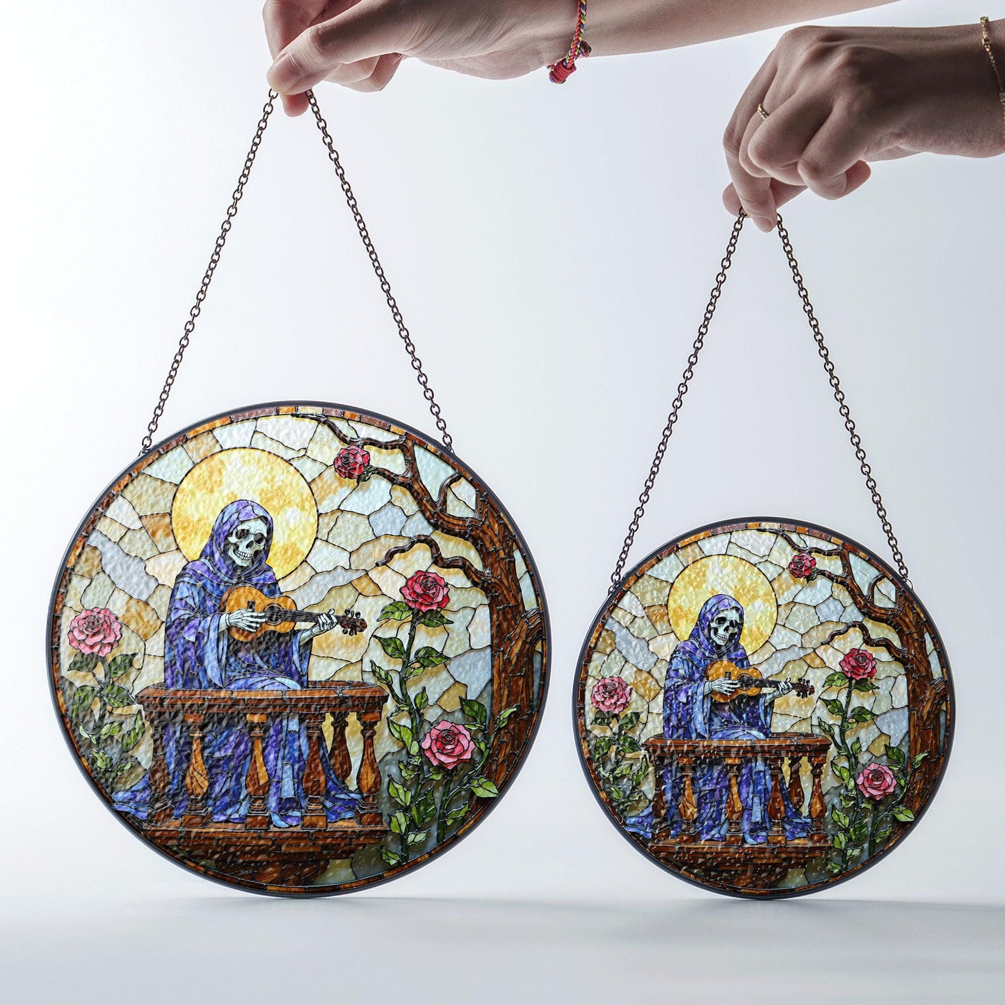 stained glass suncatcher skeleton playing guitar with roses gothic halloween gift