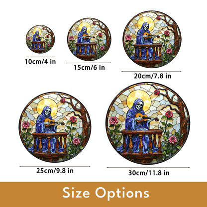 stained glass suncatcher skeleton playing guitar with roses gothic halloween gift