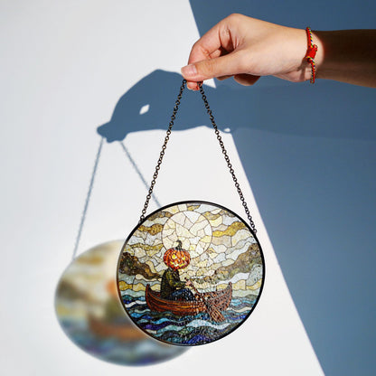 Suncatcher stained glass pumpkin head rowing boat Halloween gift