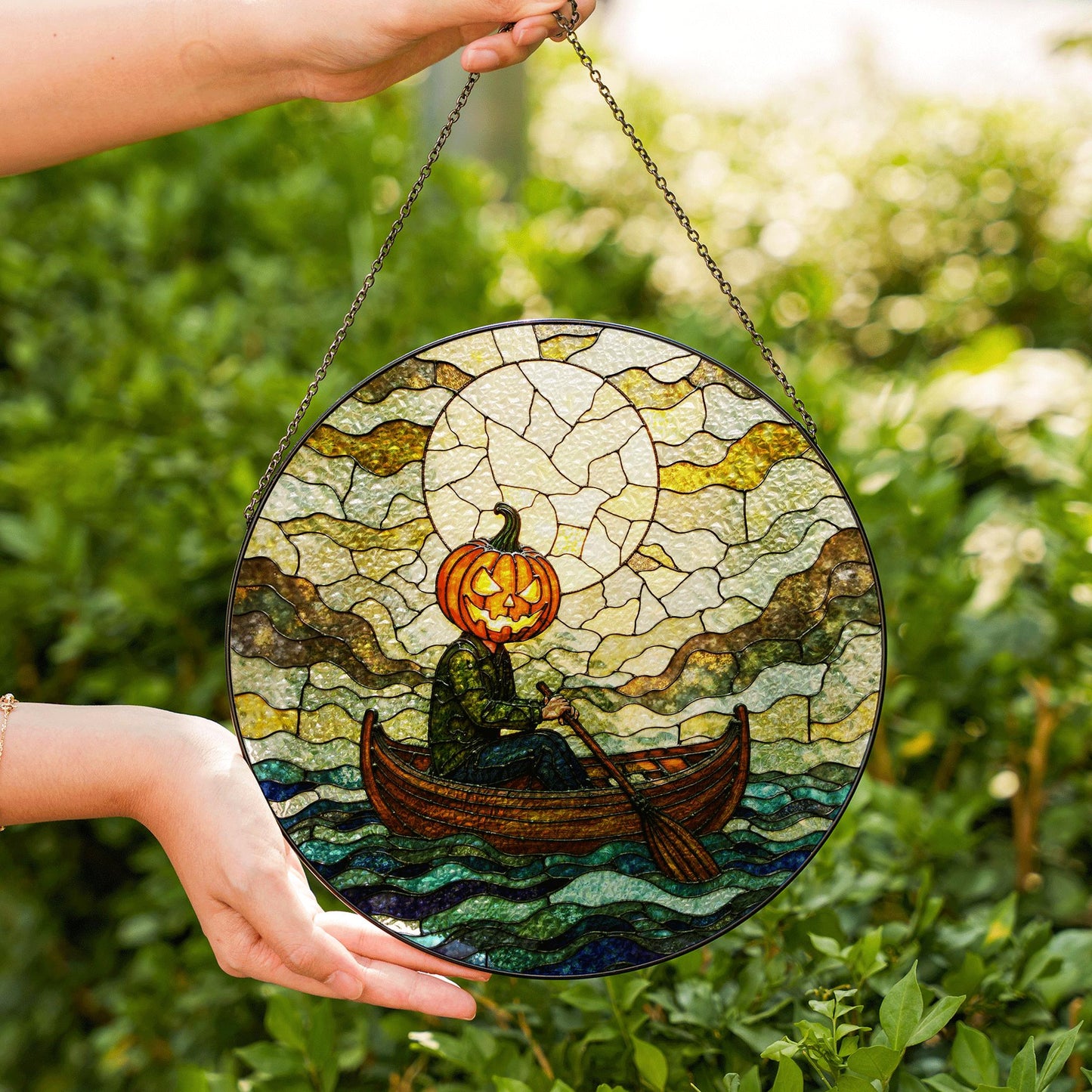 Suncatcher stained glass pumpkin head rowing boat Halloween gift