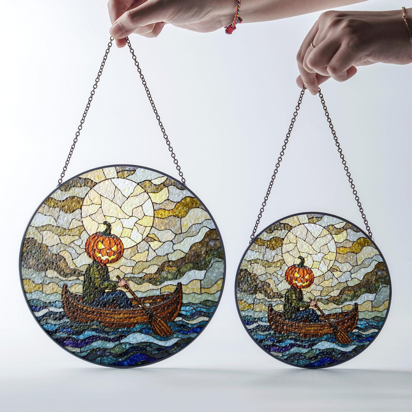 Suncatcher stained glass pumpkin head rowing boat Halloween gift