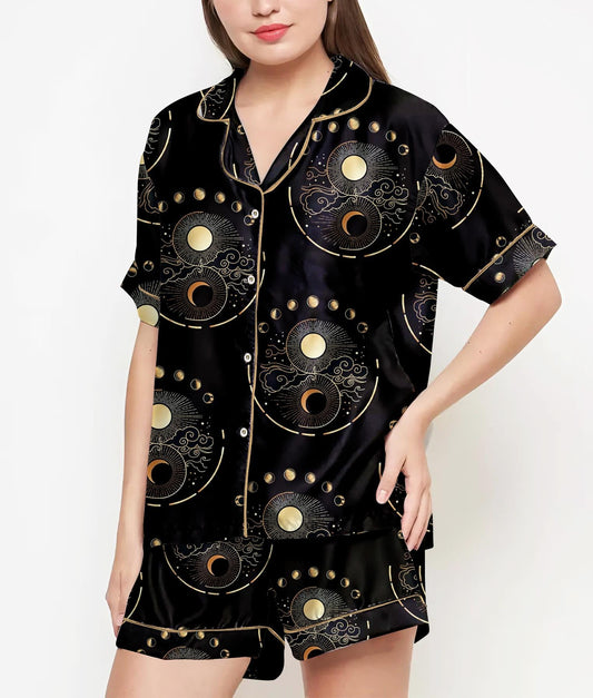 Mystic Moon And Sun, Witch Gift, Halloween Party Pajama Satin Set, Spooky Season, Gift For Halloween, Witch Halloween Gift, Aesthetic