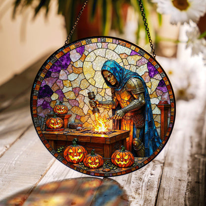 suncatcher stained glass knight forging sword with pumpkins halloween gift