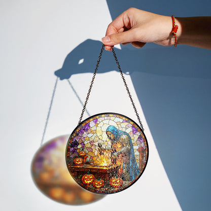 suncatcher stained glass knight forging sword with pumpkins halloween gift