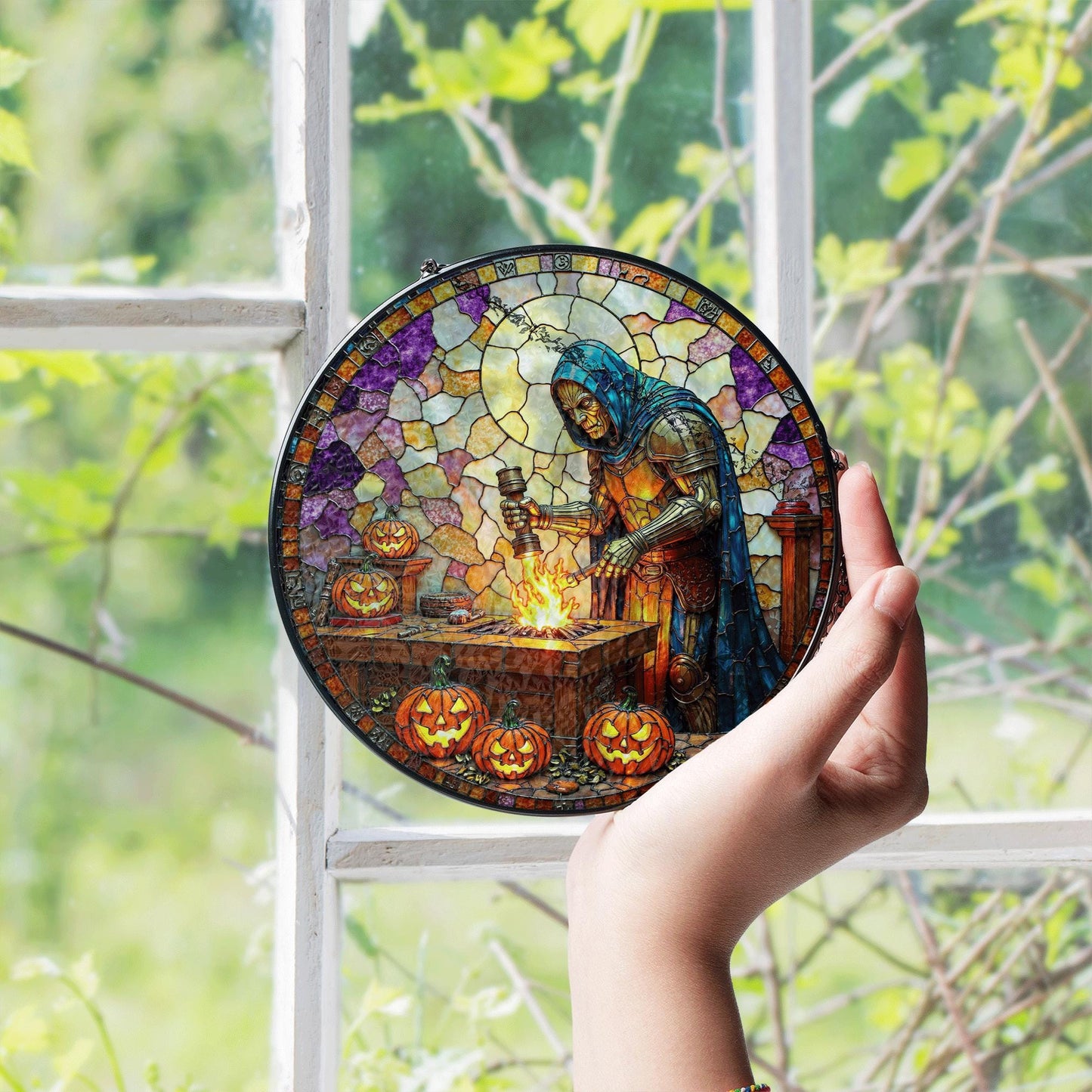 suncatcher stained glass knight forging sword with pumpkins halloween gift