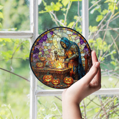 suncatcher stained glass knight forging sword with pumpkins halloween gift