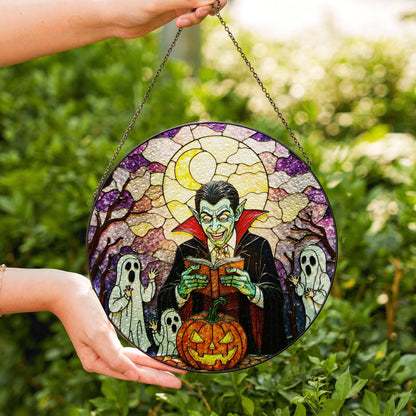 Suncatcher stained glass vampire reading pumpkin Halloween gift