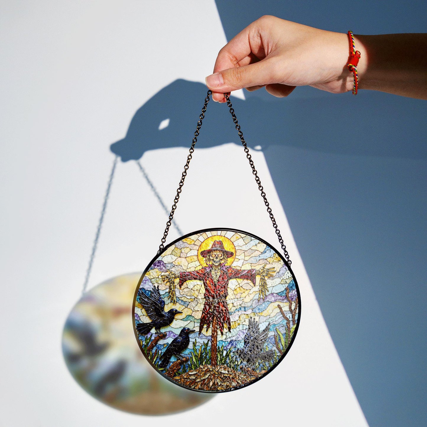 Suncatcher stained glass scarecrow with crows Halloween gift for mom autumn harvest decor