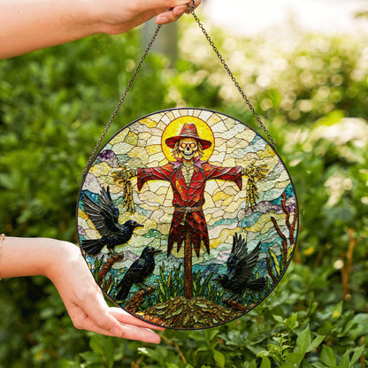 Suncatcher stained glass scarecrow with crows Halloween gift for mom autumn harvest decor