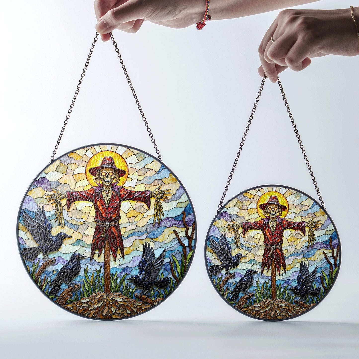 Suncatcher stained glass scarecrow with crows Halloween gift for mom autumn harvest decor
