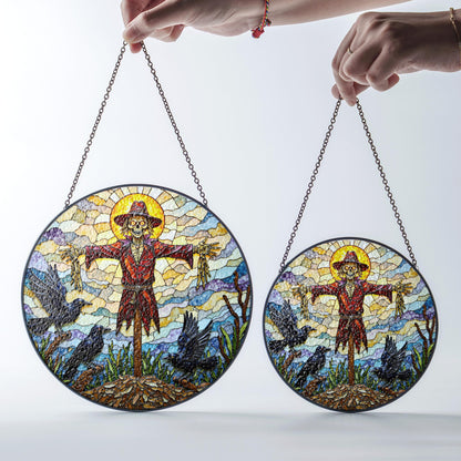 Suncatcher stained glass scarecrow with crows Halloween gift for mom autumn harvest decor