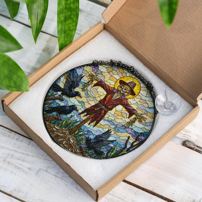 Suncatcher stained glass scarecrow with crows Halloween gift for mom autumn harvest decor