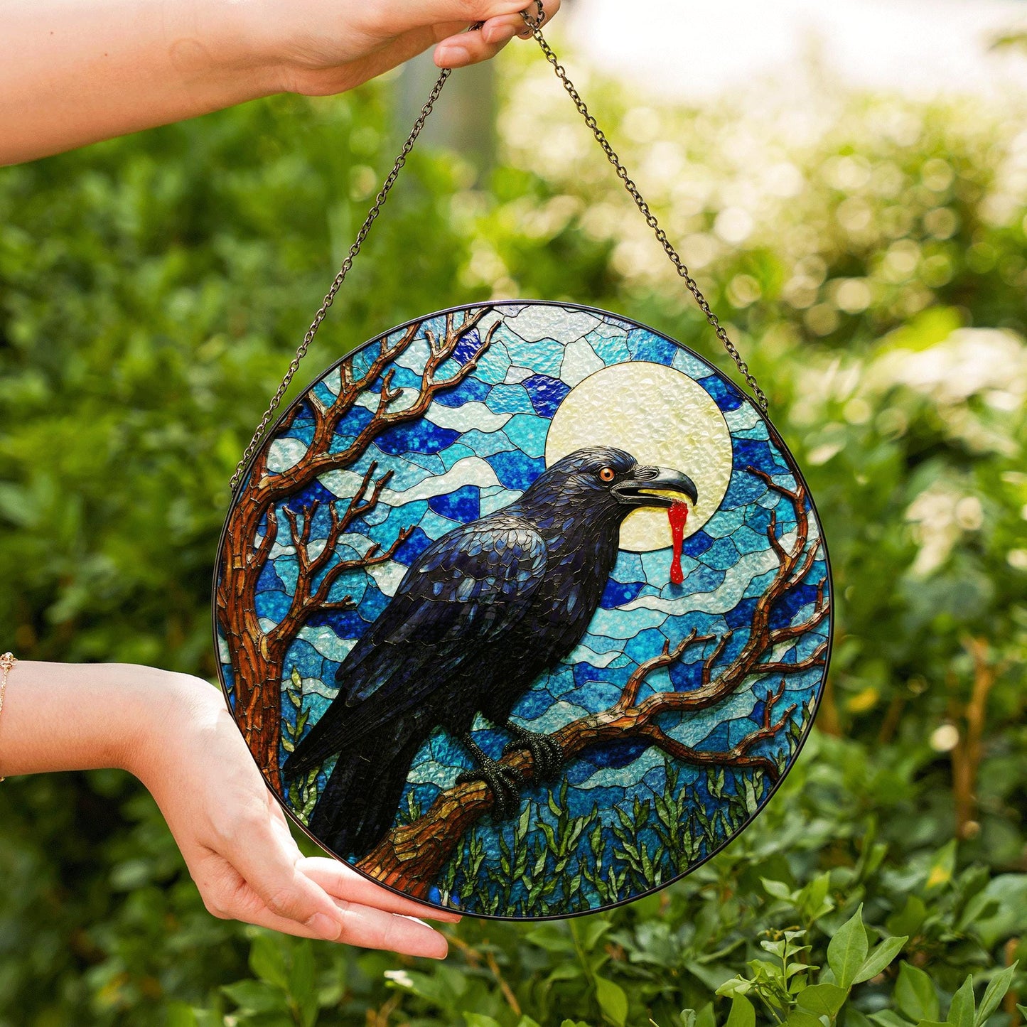 stained glass suncatcher raven full moon Halloween gift for mom gothic home decor