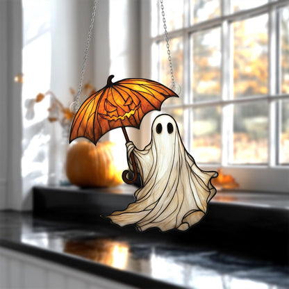 Halloween Ghost Window Hanging – Spooky Pumpkin Umbrella Decoration, Unique Haunted Home Accent and Fun Gift for Halloween Lovers