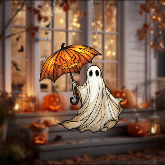 Halloween Ghost Window Hanging – Spooky Pumpkin Umbrella Decoration, Unique Haunted Home Accent and Fun Gift for Halloween Lovers
