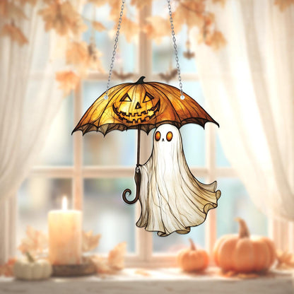 Halloween Ghost Window Hanging – Spooky Pumpkin Umbrella Decoration, Unique Haunted Home Accent and Fun Gift for Halloween Lovers