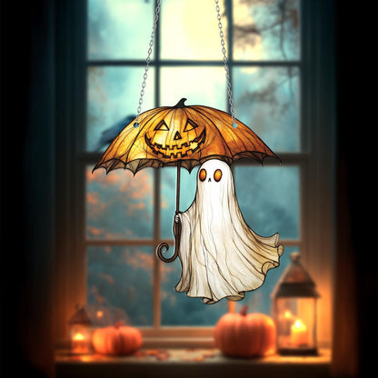 Halloween Ghost Window Hanging – Spooky Pumpkin Umbrella Decoration, Unique Haunted Home Accent and Fun Gift for Halloween Lovers
