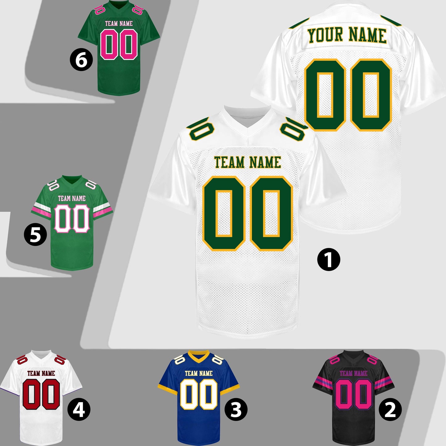 Custom White Football Jersey Men Women Youth Kid, White Green Yellow Football Shirts Sports Uniform Name Number Logo Uniform Fan Gift Outfit