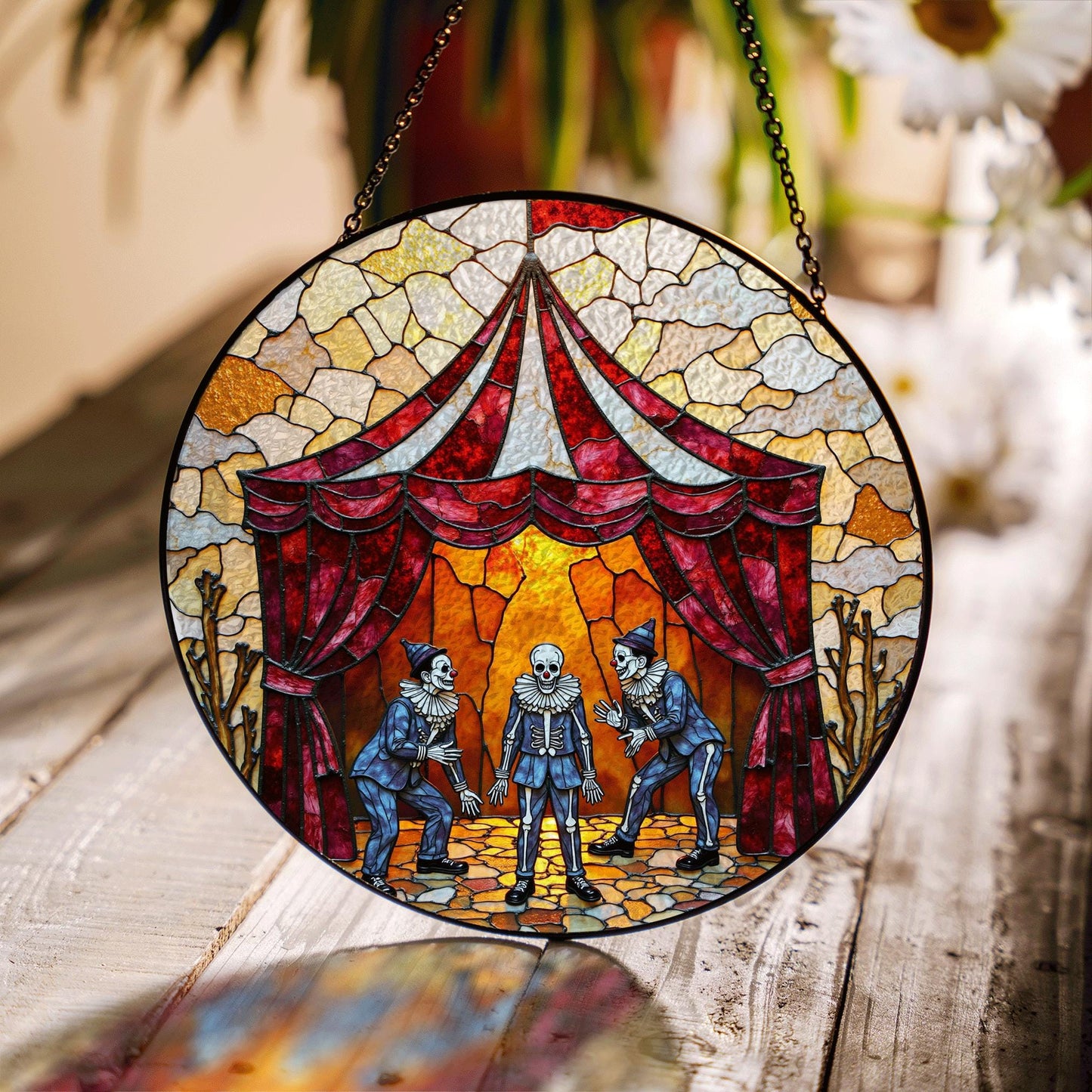 Suncatcher stained glass circus skeleton performers Halloween gift