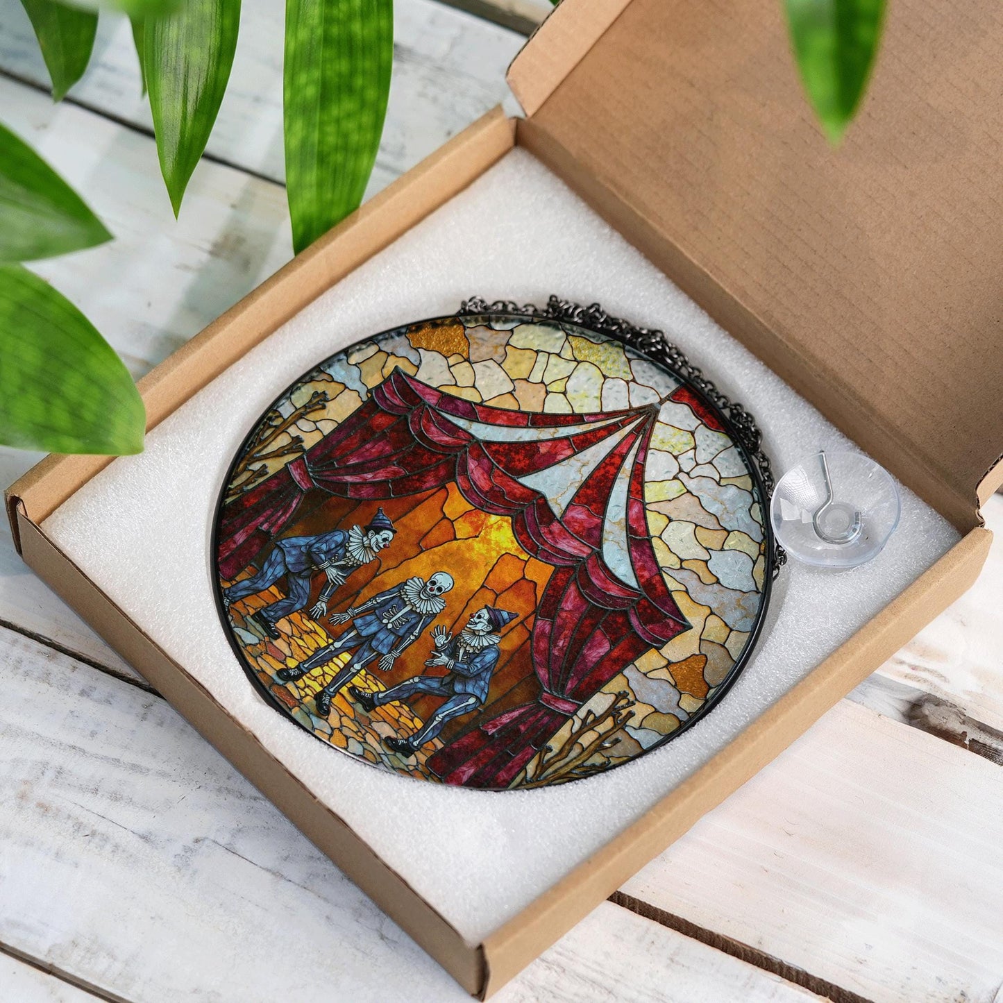 Suncatcher stained glass circus skeleton performers Halloween gift