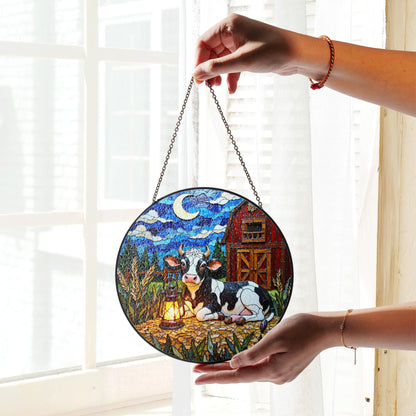 Suncatcher stained glass cow and barn rustic night scene gift for mom farmhouse decor birthday gift