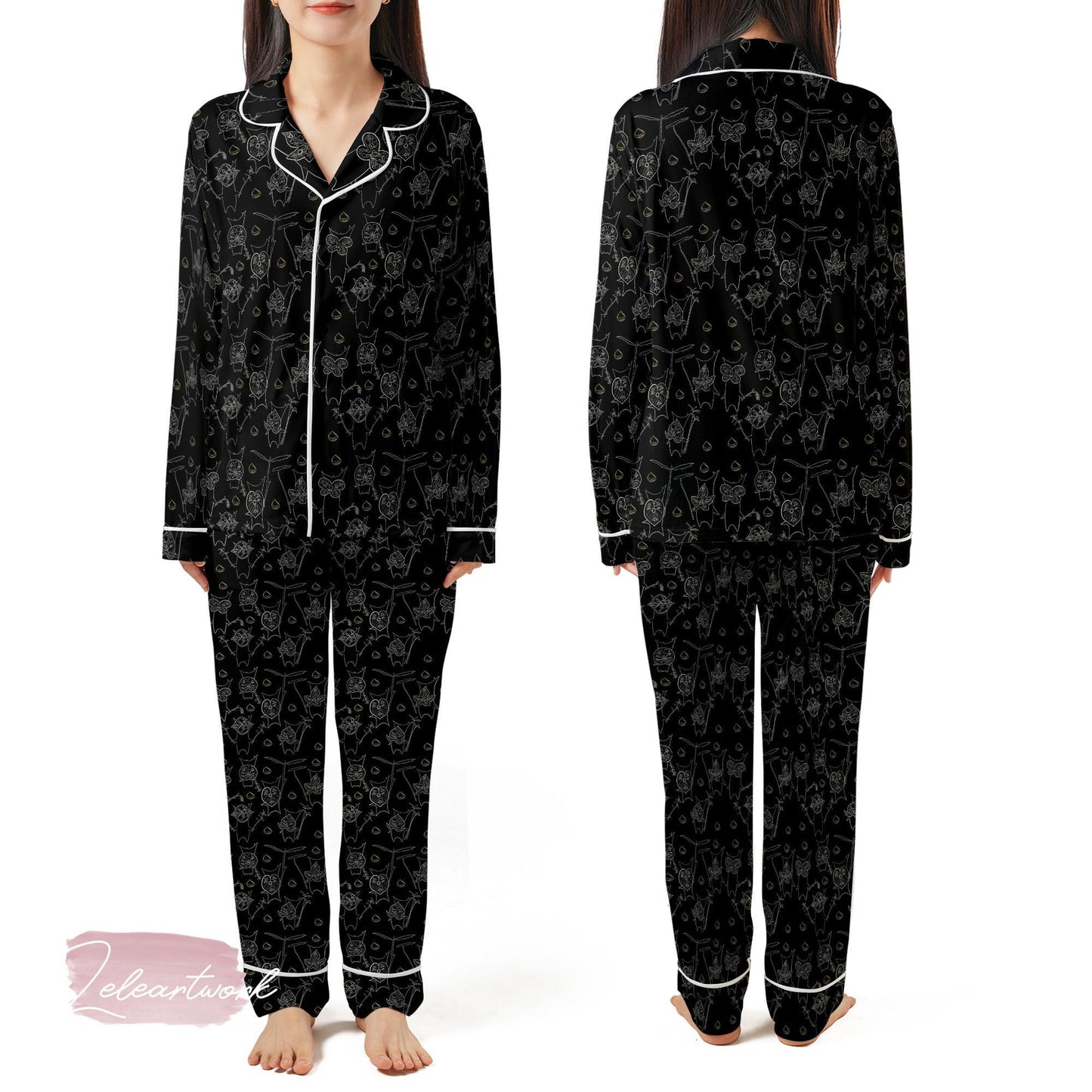 Yahaha Koroks Pajama Set – Zelda-Inspired Black Sleepwear with Forest Spirit Pattern, Cozy Gamer Loungewear Gift