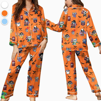 Halloween Dr Pepper Stitch Pajamas Set, Halloween Silk Pajamas, Womenswear, Stitch, Dr Pepper, Halloween outfits, Dr Pepper Halloween Pajama