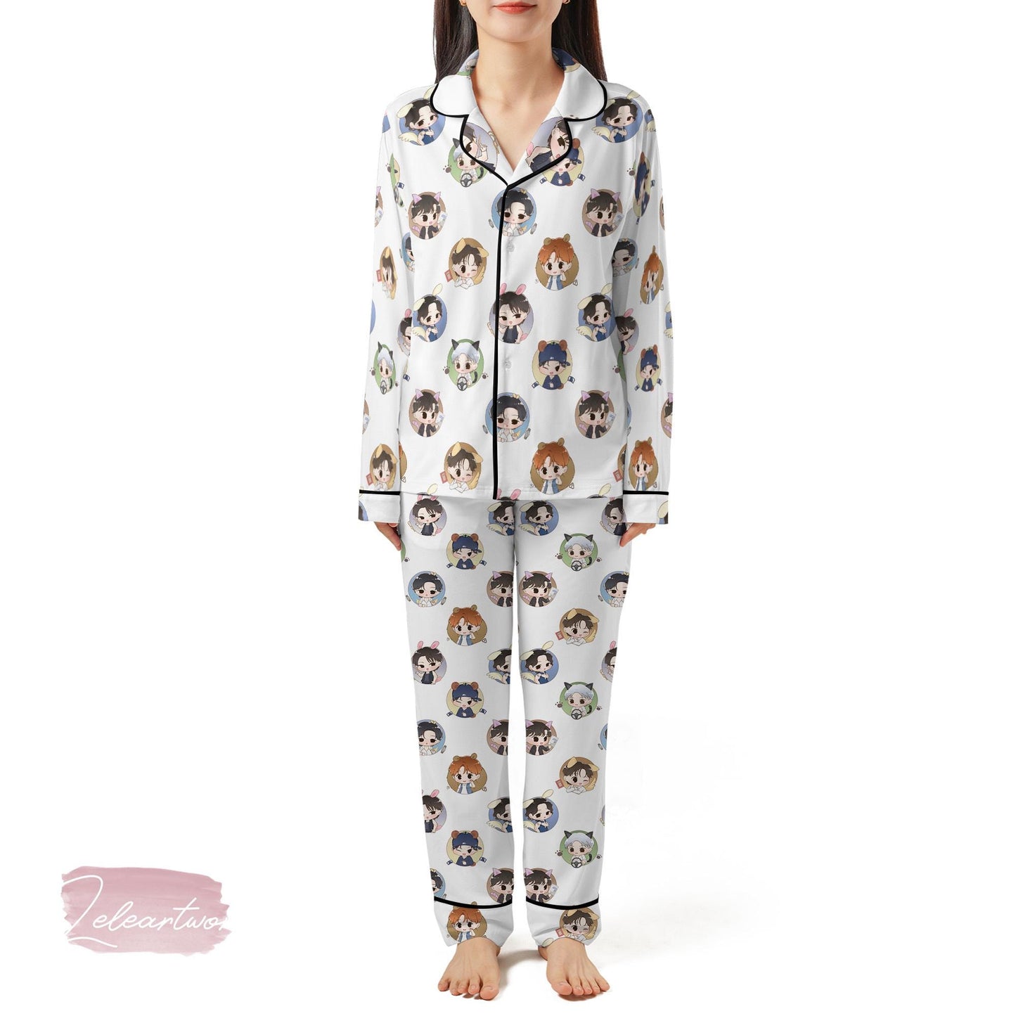 Ateez Chibi Pajama Set – Kpop Short Sleeve Sleepwear Featuring All 8 Members in Cute Outfits, Cozy ATEEZ Fan Gift