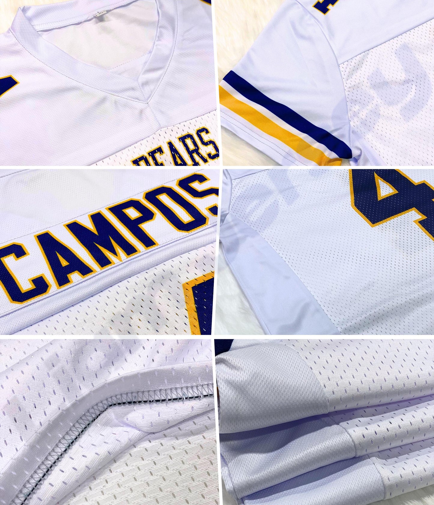 Custom White Football Jersey Men Women Youth Kid, White Black Gold Football Shirts Sports Uniform Name Number Logo Uniform Fan Gift Outfit