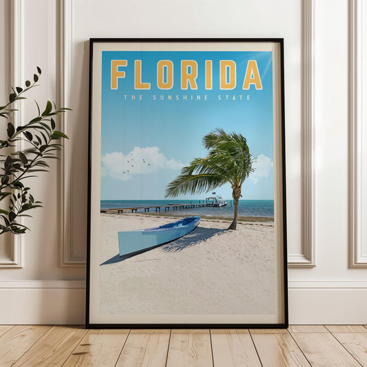 Florida Travel Poster, Florida Wall Art, Vintage Florida State Map, Florida Beach House Decor, Florida Keys Art Print, Sunshine State Gift