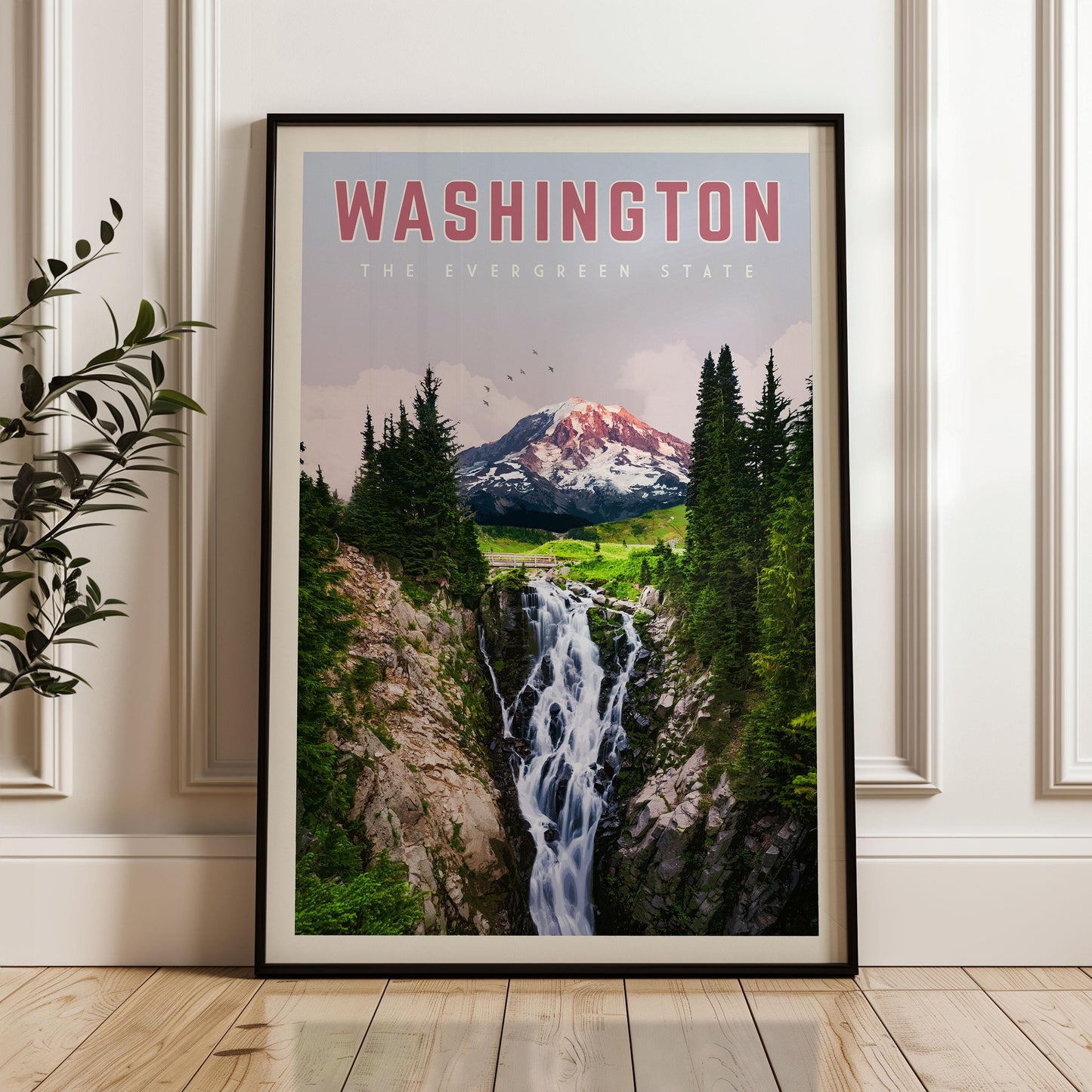 Washington State Wall Art, Washington State Travel Poster, Washington State Print, Washington State Map, Mount Rainier, Washington Gift
