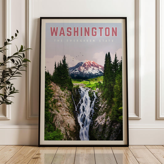 Washington State Wall Art, Washington State Travel Poster, Washington State Print, Washington State Map, Mount Rainier, Washington Gift