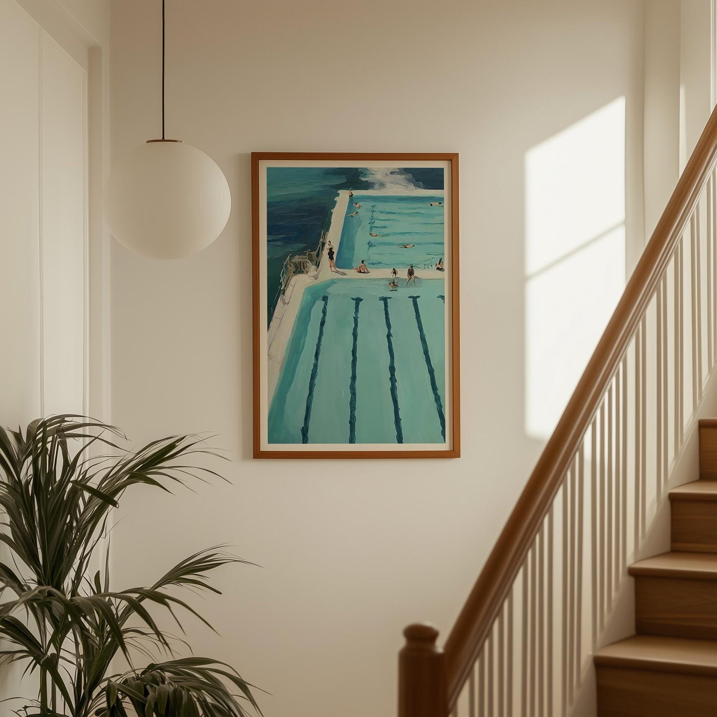 Vintage Beach Print: Muted Coastal Art, Swimmers Pool Painting