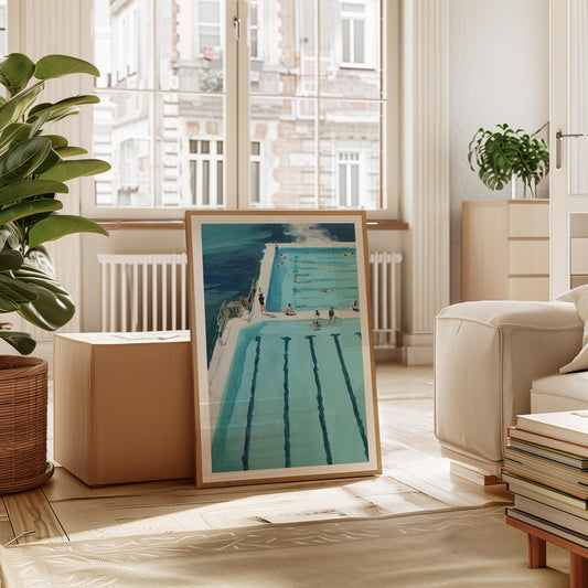 Vintage Beach Print: Muted Coastal Art, Swimmers Pool Painting