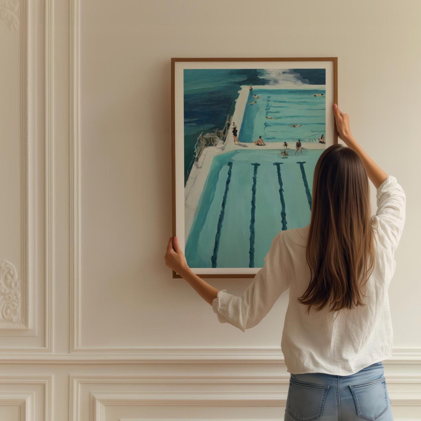 Vintage Beach Print: Muted Coastal Art, Swimmers Pool Painting