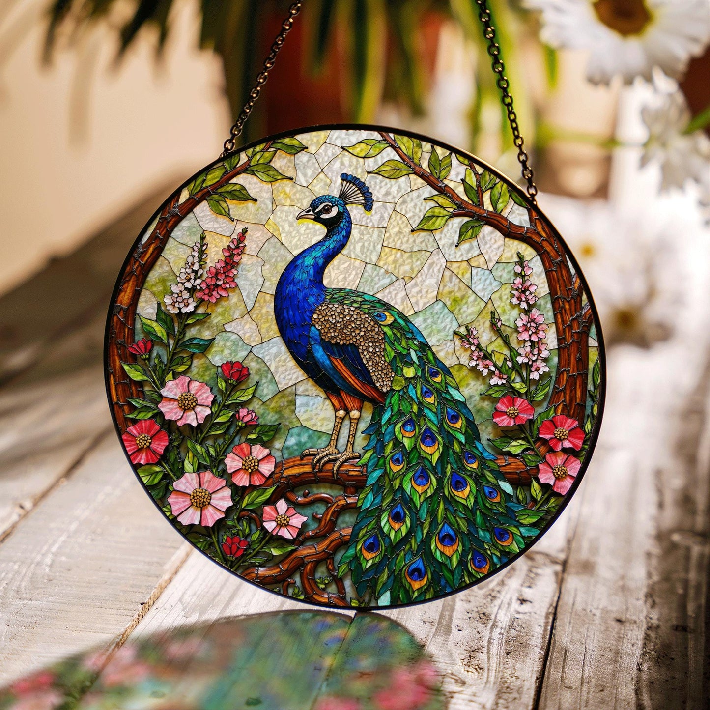 Vibrant peacock floral round stained glass suncatcher window hanging gift for Mother Day or birthday