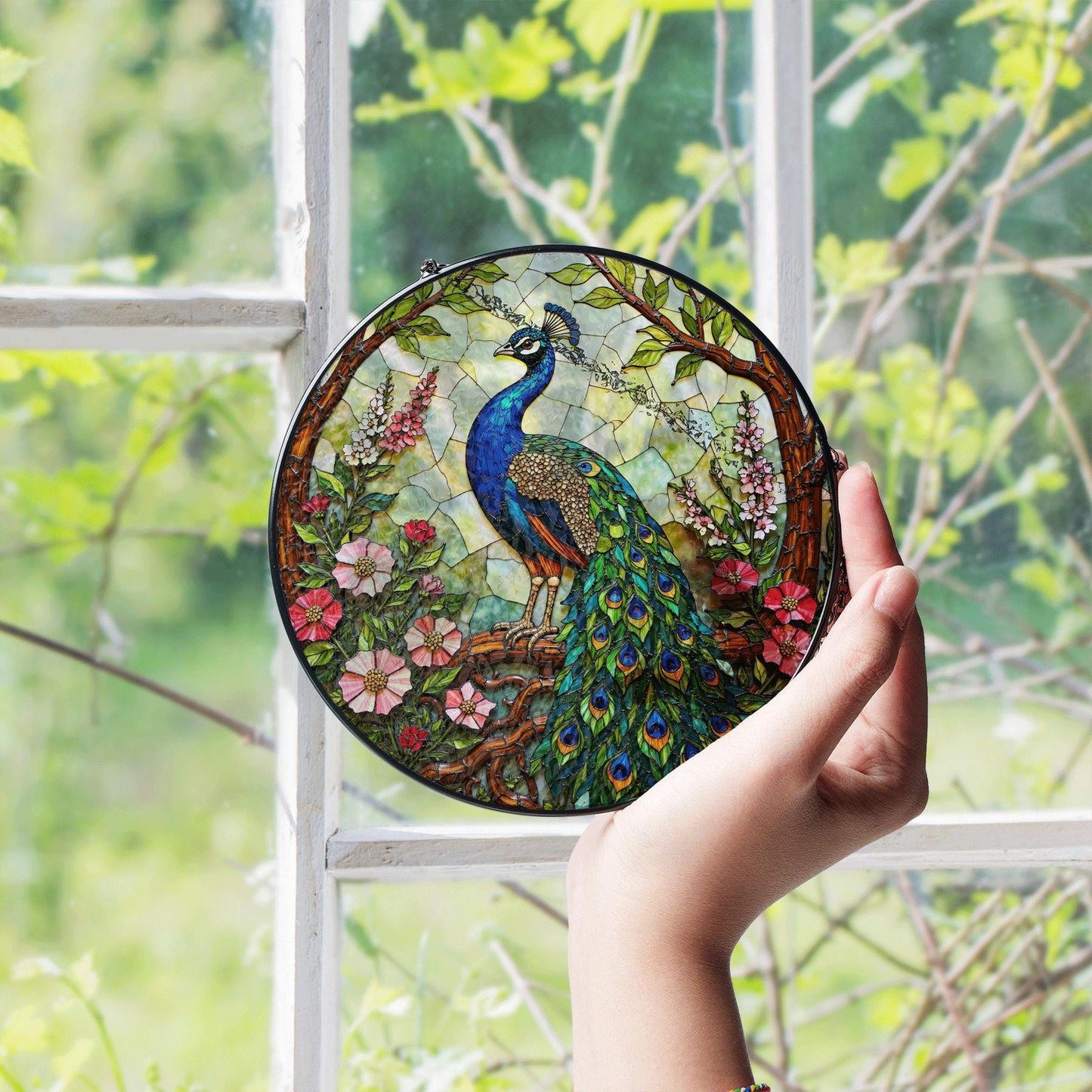 Vibrant peacock floral round stained glass suncatcher window hanging gift for Mother Day or birthday