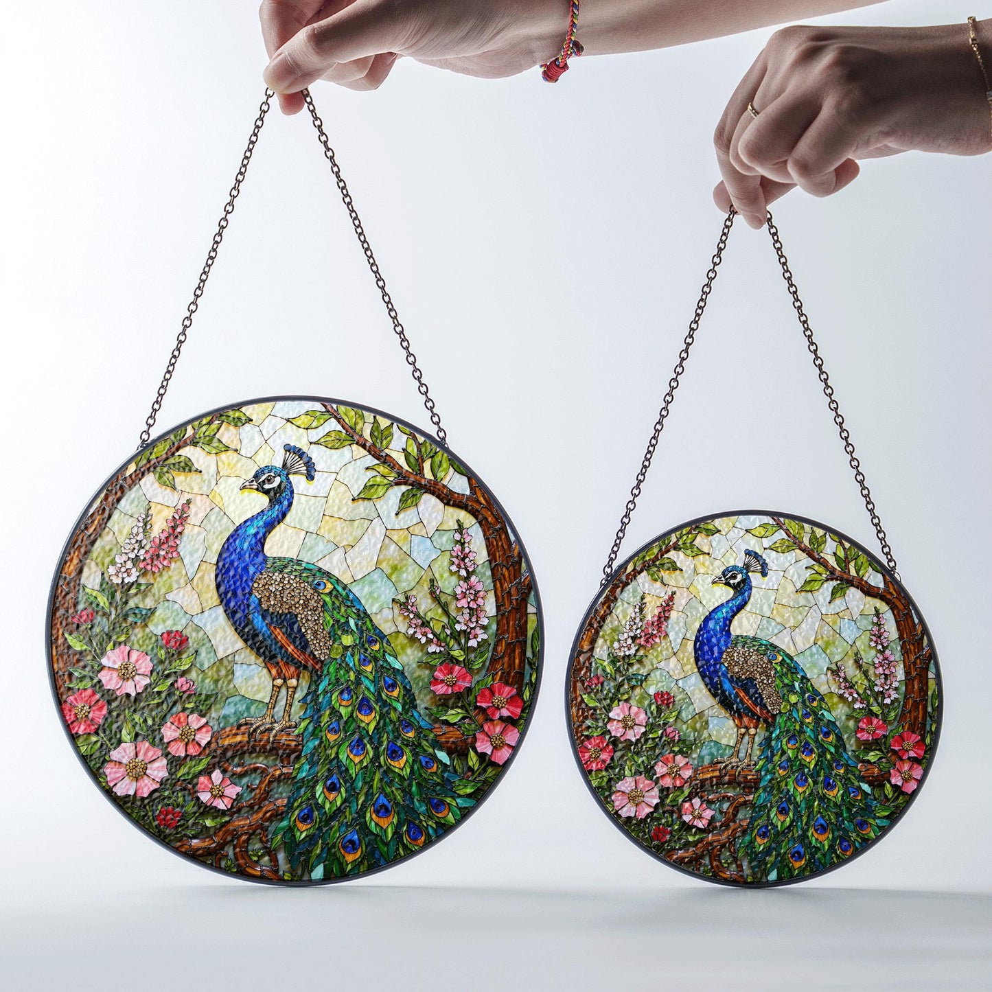 Vibrant peacock floral round stained glass suncatcher window hanging gift for Mother Day or birthday