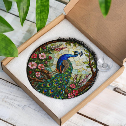 Vibrant peacock floral round stained glass suncatcher window hanging gift for Mother Day or birthday