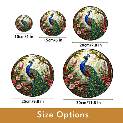 Vibrant peacock floral round stained glass suncatcher window hanging gift for Mother Day or birthday