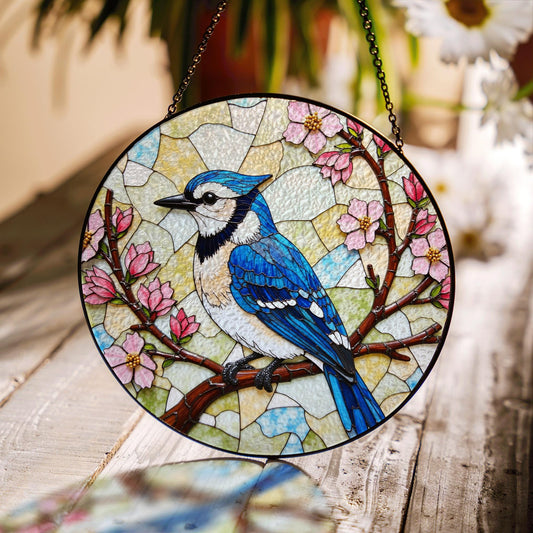 Blue jay on cherry blossom branch round suncatcher stained glass bird decor gift for moms spring window hanging