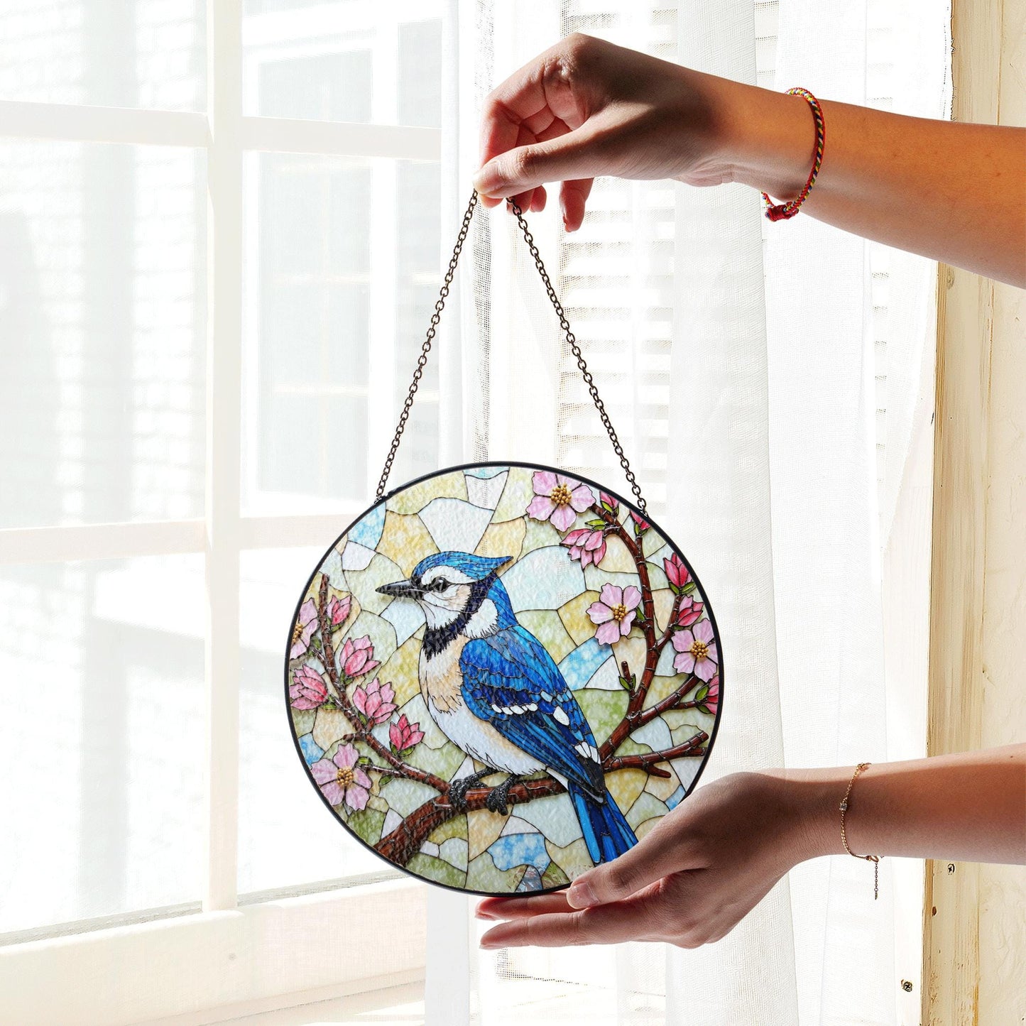 Blue jay on cherry blossom branch round suncatcher stained glass bird decor gift for moms spring window hanging