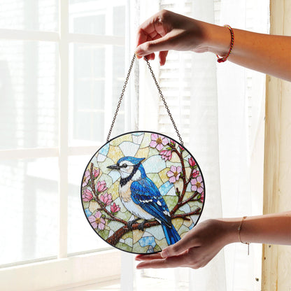 Blue jay on cherry blossom branch round suncatcher stained glass bird decor gift for moms spring window hanging
