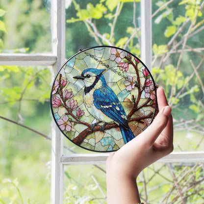 Blue jay on cherry blossom branch round suncatcher stained glass bird decor gift for moms spring window hanging