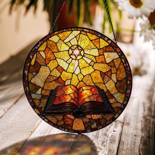 Glowing bible and radiant cross suncatcher round stained glass style christian window gift