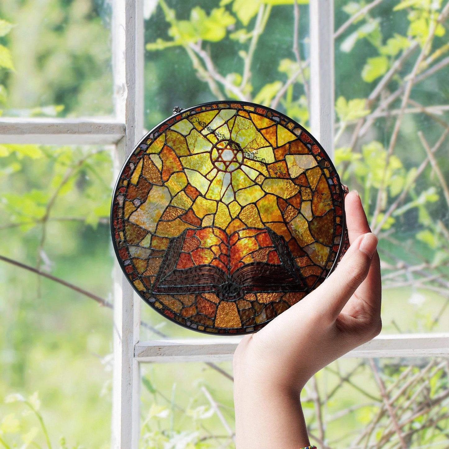Glowing bible and radiant cross suncatcher round stained glass style christian window gift
