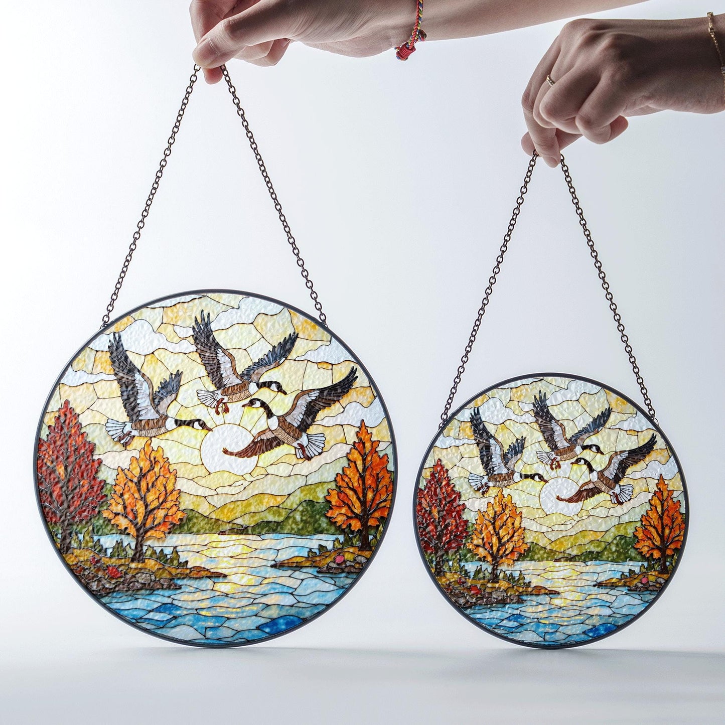 Flying geese autumn lake scene round suncatcher window decor fall glass gift for dad