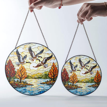 Flying geese autumn lake scene round suncatcher window decor fall glass gift for dad